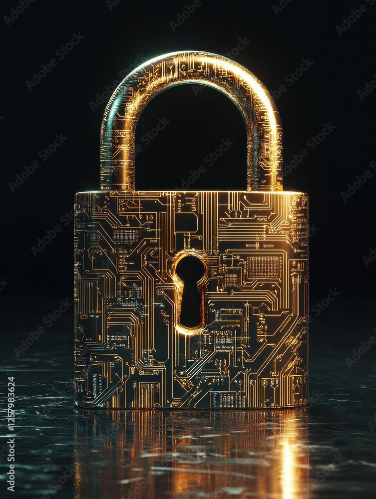Poster futuristic golden padlock with electronic circuits close-up on reflective surface with copy space