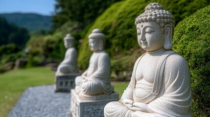 Three light gray stone Buddha statues seated in a lush green garden, with blurred background of hills, outdoor, zen garden style, serene atmosphere