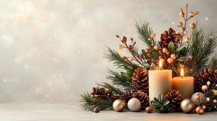 Festive candles, pine cones, and berries on a table.  Holiday greeting card background