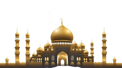 Obraz premium Golden Islamic Mosque with Minarets and Crescent Moon isolated PNG with Transparent Background