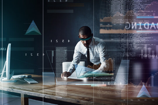 Business, man and vr for overlay in office of software programming, website update and coding server. Person, programmer and virtual reality with python script, problem solving and system information