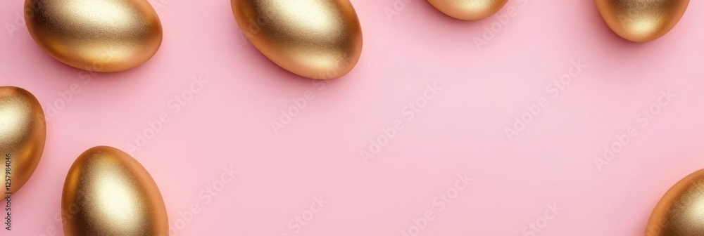 Poster gold easter eggs on a pink background, a flat lay banner with copy space for web design or print pre