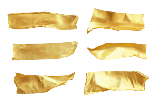 Set of wrinkled gold leaf tape with partial delamination isolated on transparent white background, design elements
