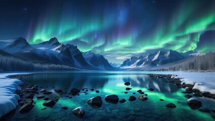 1. "Northern Lights Reflecting on the Water Surface with a Starry Night Sky and Mountainous Lake Background: A Natural Concept"