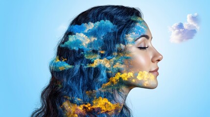 Close up profile portrait of a woman with clouds and nature elements integrated into her hair and face, against a light blue sky background. The