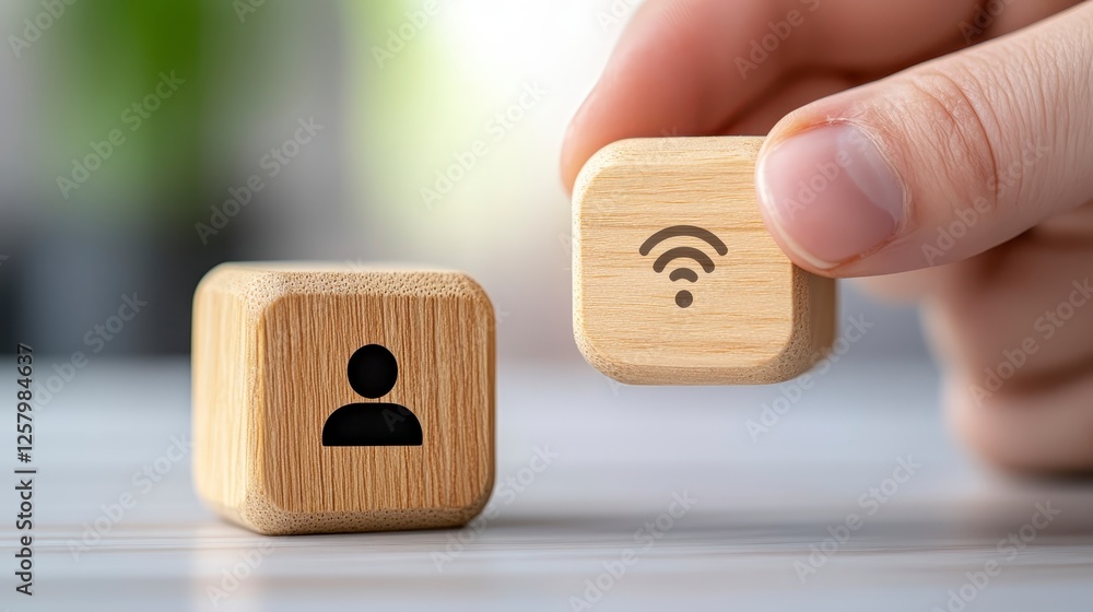 Aufkleber close up of two light brown wooden blocks, one with a person icon and the other with a wifi symbol, 