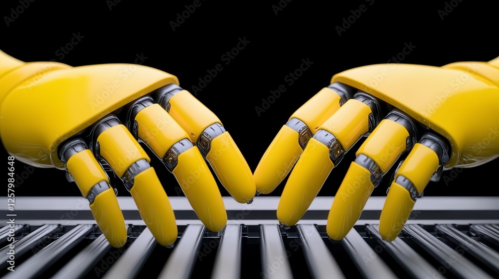 Poster close up view of two yellow robotic hands positioned over a metallic surface with horizontal lines. 