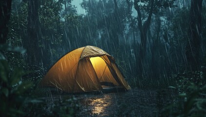 A small tent in the middle of a dense jungle, a rainy night, cinematic lighting, and hyper-realistic details.