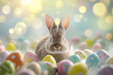Happy Easter bunny surrounded by colored easter eggs