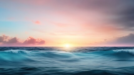 Obraz premium A surreal and magical beach sunset, soft pastel colors blending seamlessly in the sky, the sun golden rays dancing on the water surface, 