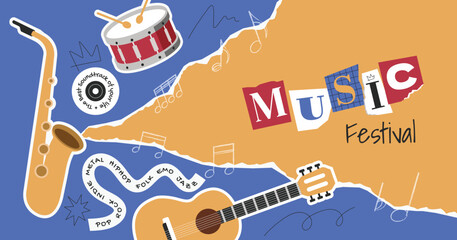 Music festival design paper torn cut templates for poster, flyer, banner. Musical instrument guitar, saxophone, snare, and musical notes.