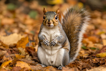 Fototapeta premium There is a squirrel that is sitting on the ground with leaves