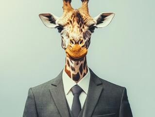 Close-up of an anthropomorphic giraffe in a tailored suit, showcasing elegance and friendliness for education and client services. Detailed view of suit and giraffe.