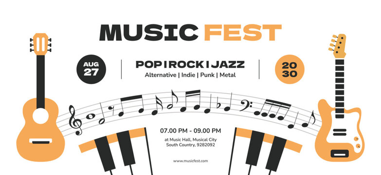 Music festival banner with musical instrument guitar, bass, keyboard. Music festival templates background, flyer, poster.