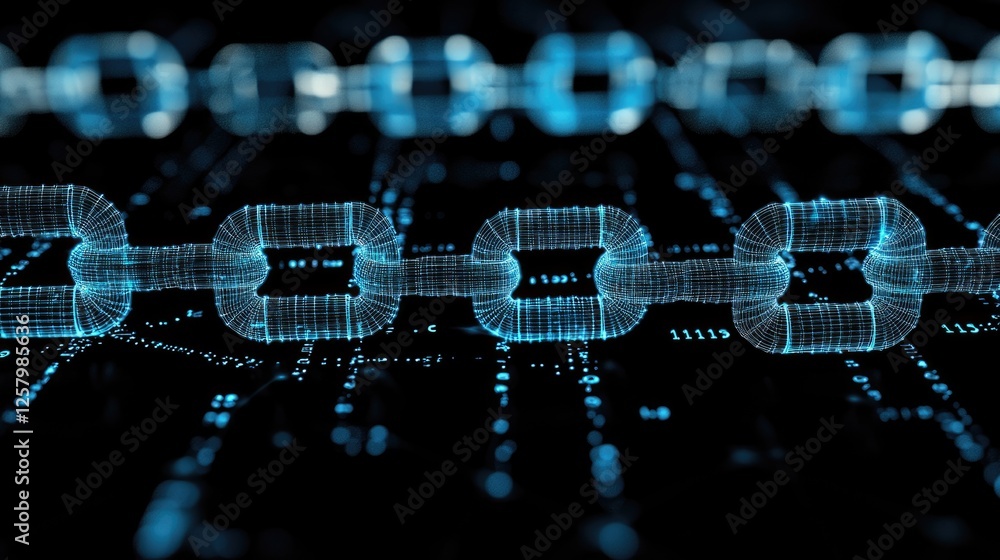 Poster abstract digital blockchain with flowing data and encrypted transactions on a black background.