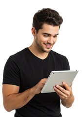 Happy young man using digital tablet wearing plain t-shirt isolated on white background . Ai generative 