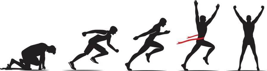 A Silhouette of Runner's Progression From Start to Finish Line,Athlete's Journey to Victory,Race from Start to Finish,Dynamic Runner Silhouettes,Race Progression isolated on white background.