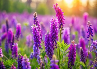 Fototapeta premium Spring's vibrant purple wildflowers carpet the meadow, tufted vetch blooming in nature's embrace.