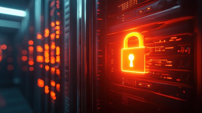 Digital security concept with glowing padlock on server rack