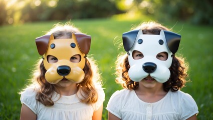 Two smiling girls in dog masks bring a sense of fun and whimsy to a sunlit summer day in the park.