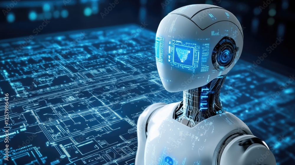 Poster ai-powered innovation concept with futuristic digital elements and algorithms.