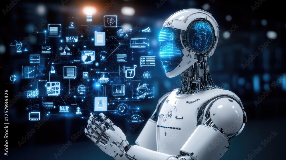 Poster ai-powered innovation concept with futuristic digital elements and algorithms.