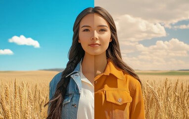 Serene Woman in Wheat Field - Dual Tone Nature Portrait