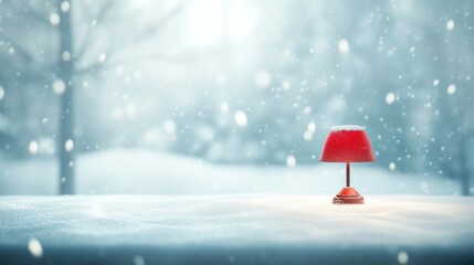 Red lamp in snowy winter scene, outdoors