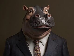 Close-up of an anthropomorphic hippo in a classic suit, showcasing reliability and approachability for HR and team management. Detailed view of suit and hippo.