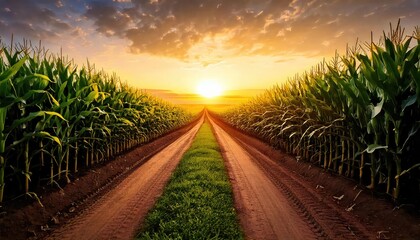 Sunset Cornfield Path: A Serene Rural Landscape