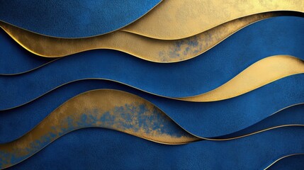 Royal blue and metallic gold layered abstract background with thick textures and elegant design.