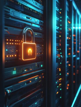 Digital security concept with glowing padlock on server rack