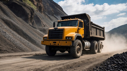 A yellow dump truck traverses a rugged dirt road, raising dust against a mountainous backdrop.