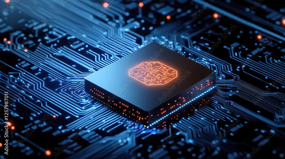 Poster artificial intelligence cybersecurity concept with glowing circuits on a black background.