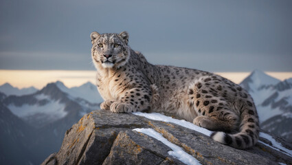 Obraz premium A magnificent snow leopard rests atop a rocky peak, surveying its alpine domain with a watchful eye.