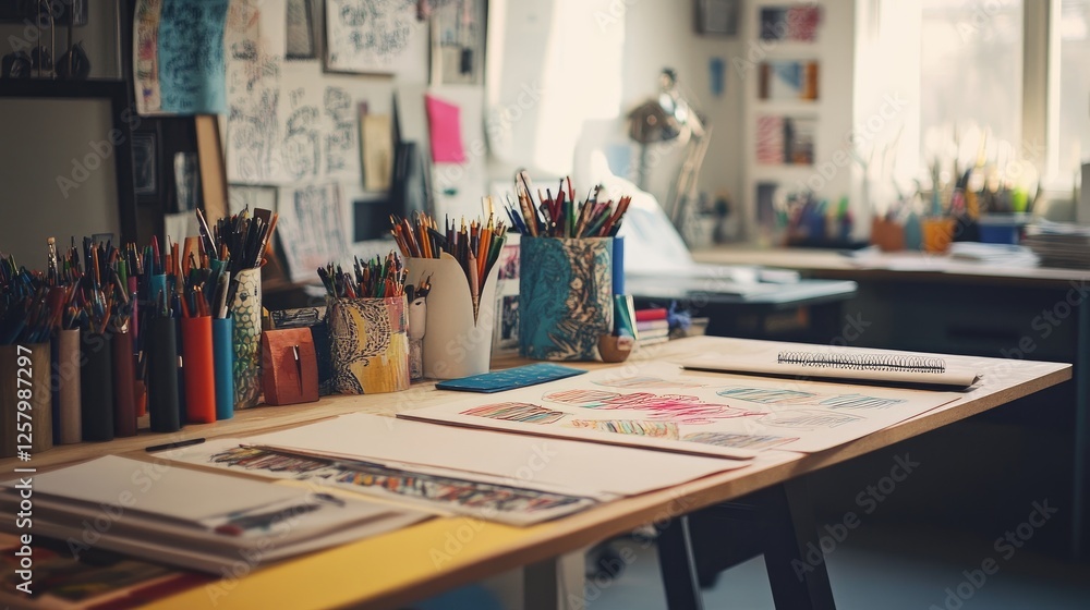 Poster a creative workspace with design sketches and mood boards spread across a table.