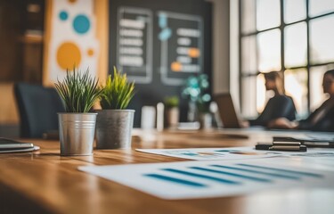 A desk with a potted plant and a few papers on it