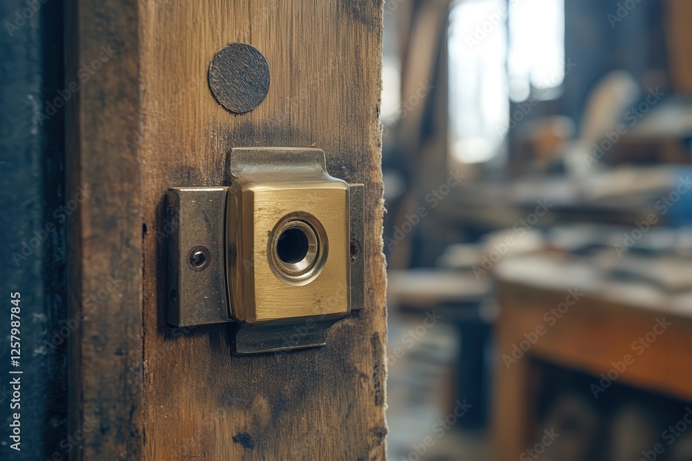 Poster a door lock being fitted into a sturdy frame, emphasizing security and functionality with profession