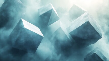 Floating Cubes Soft Light Mysterious Teal Abstract. AI Generated