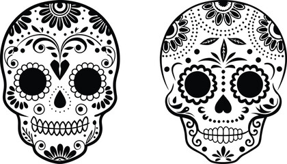 Elegant Black Sugar Skull Silhouette with Floral Elements for Dia de los Muertos vector Silhouette isolated with white background
