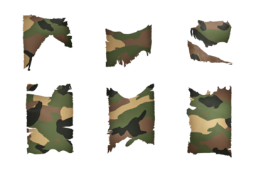 Set of stenciled camo-print duct tape with frayed borders 
 isolated on transparent white background, design elements