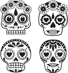 Elegant Black Sugar Skull Silhouette with Floral Elements for Dia de los Muertos vector Silhouette isolated with white background