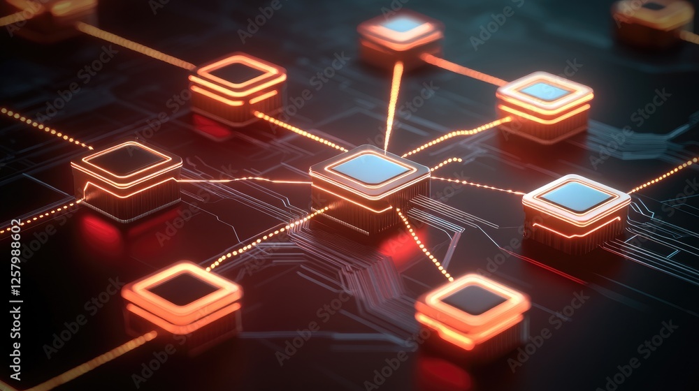 Poster blockchain data encryption and network protection with glowing interconnected blocks on a dark red b