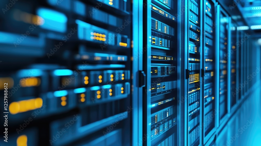 Poster blockchain decentralized data storage system with secure data blocks on a blue gradient background.