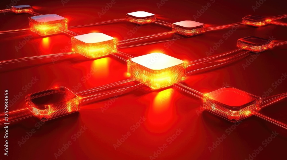 Poster blockchain decentralized network concept with glowing blocks and encrypted chains on a red backgroun