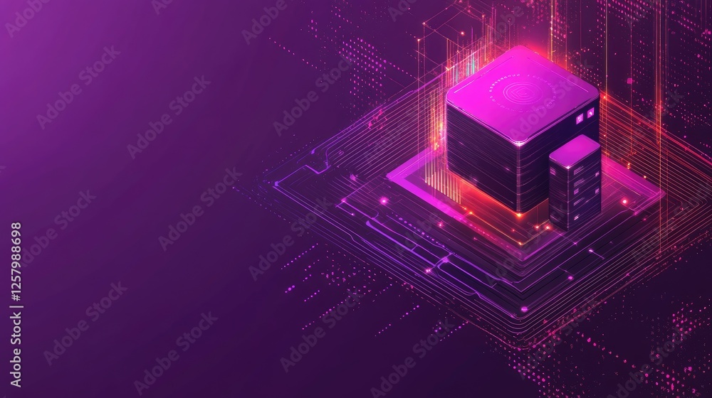 Poster blockchain distributed ledger technology with secure data blocks and transparent chains on a bright 