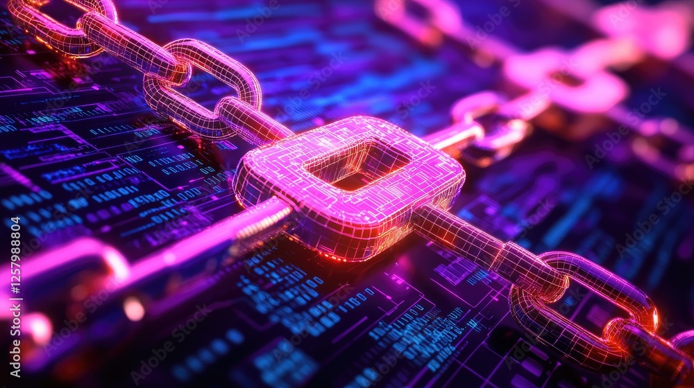 Poster blockchain infrastructure with glowing digital blocks and encryption chains on a futuristic purple b