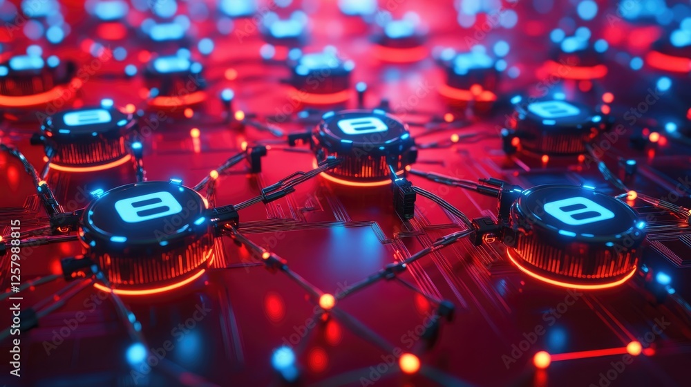 Poster blockchain network and smart contracts with glowing encrypted blocks and nodes on a red background.