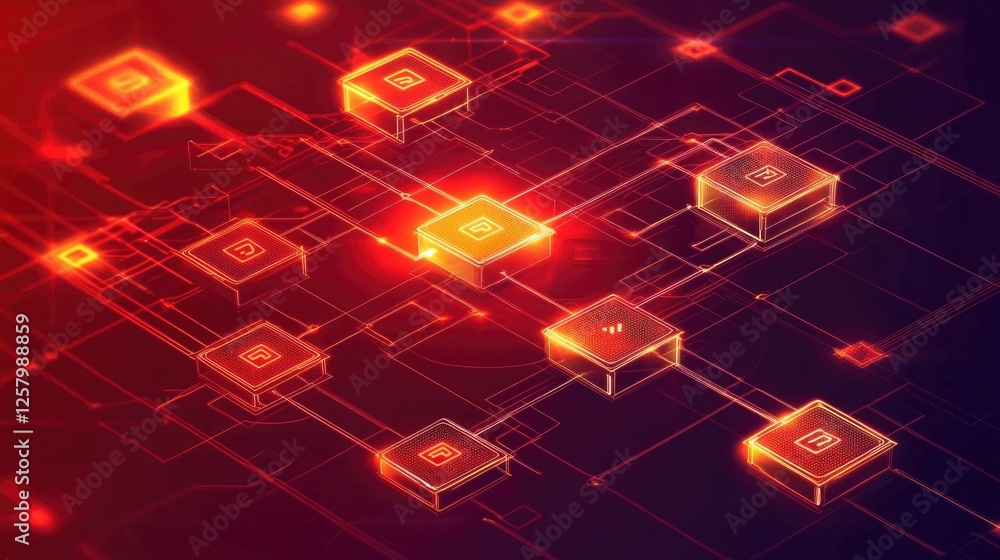Poster blockchain network and smart contracts with glowing encrypted blocks and nodes on a red background.