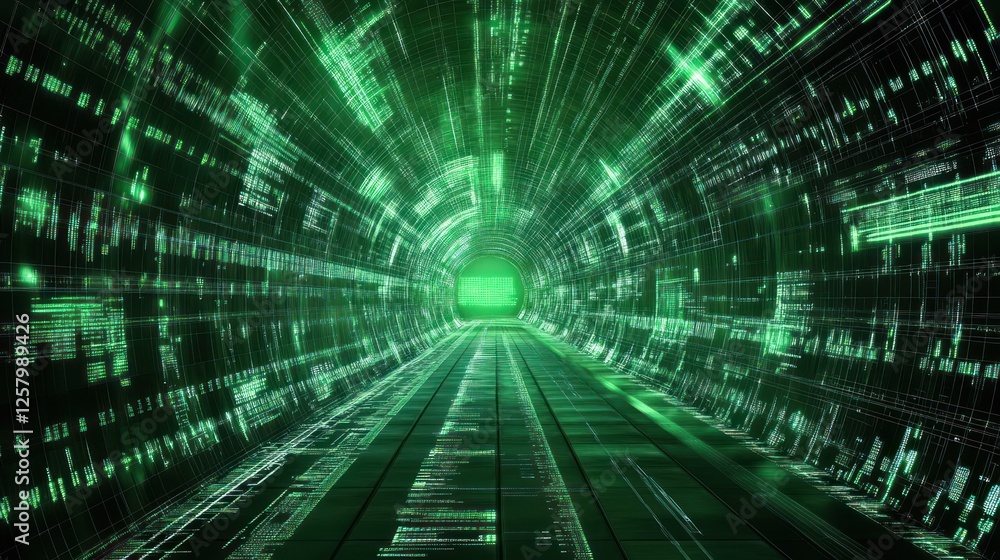 Poster futuristic digital tunnel with green glowing lights and abstract data patterns